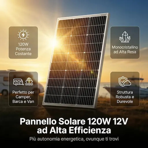 Pannello Solare Fotovoltaico 120W 12V Monocristallino ad Alta Efficienza per Camper, Barca e Off-Grid